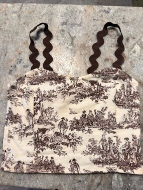 Thirty Thirty Toile Print Crop Tank Top with Brown Straps